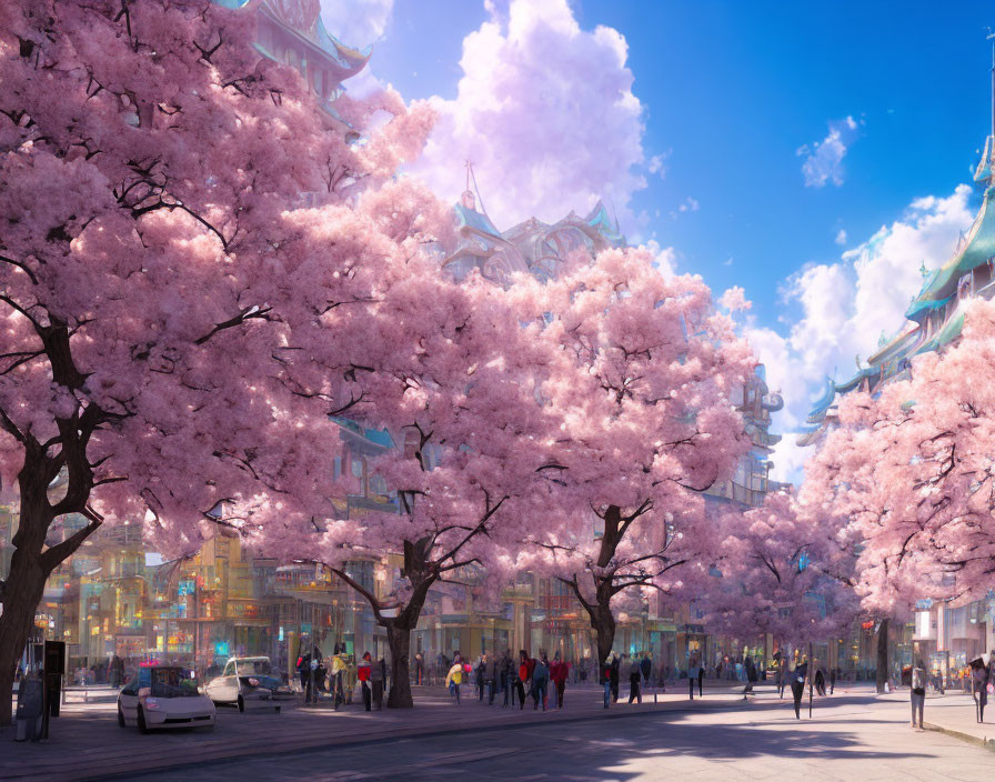 Cherry Blossom Trees in Full Bloom on Vibrant Street