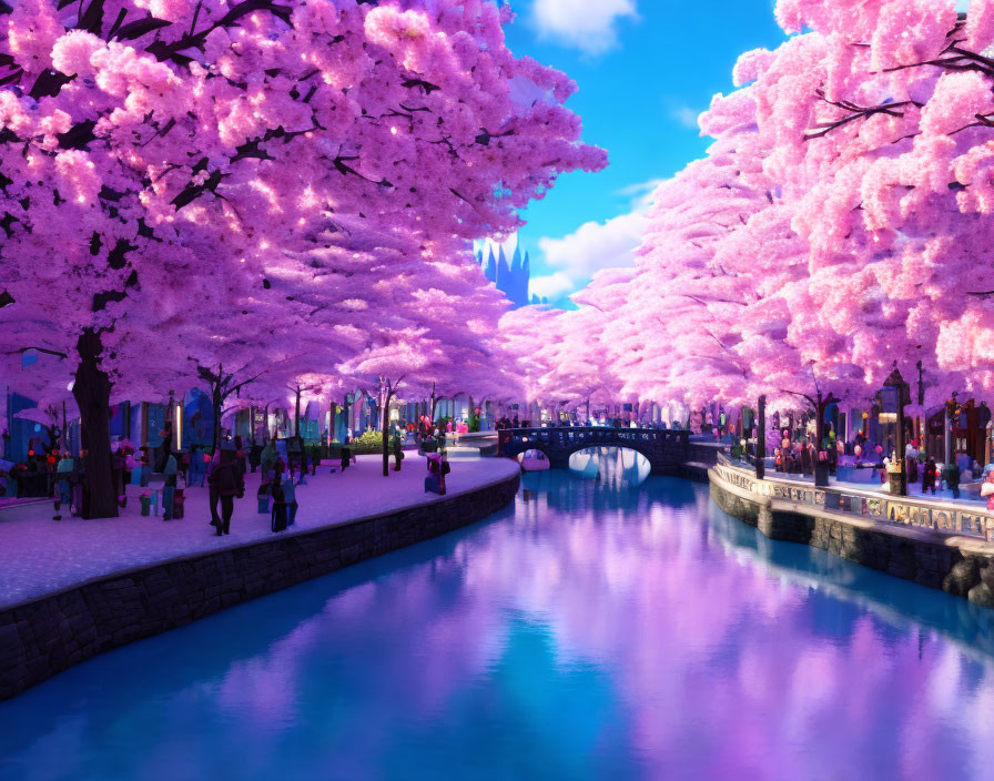 Pink cherry blossoms over canal with twilight sky, people strolling, castle silhouette