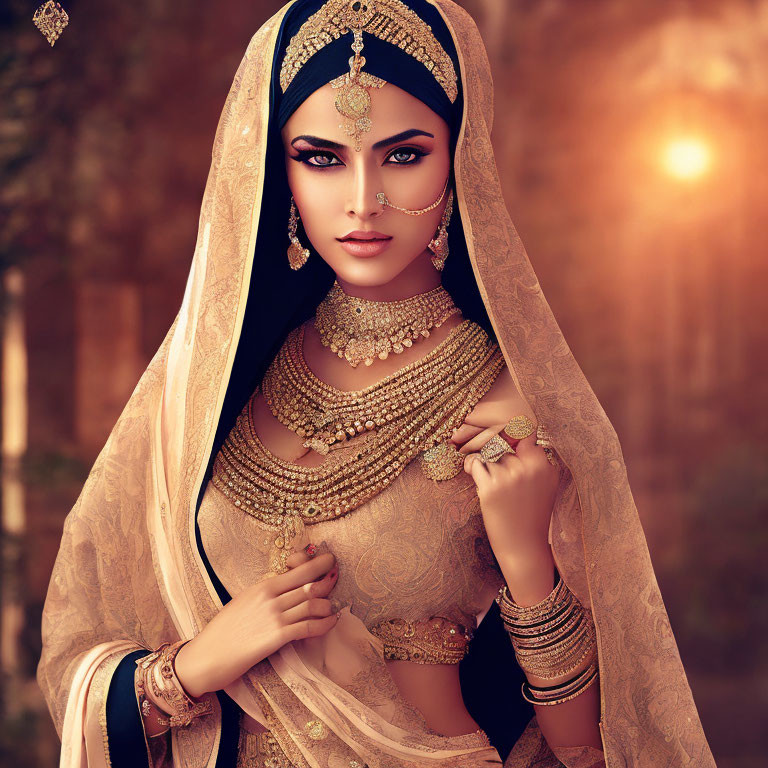 Traditional South Asian bridal attire with intricate jewelry and henna, against a sunlit backdrop