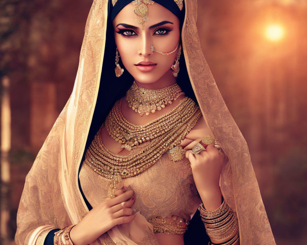 Traditional South Asian bridal attire with intricate jewelry and henna, against a sunlit backdrop
