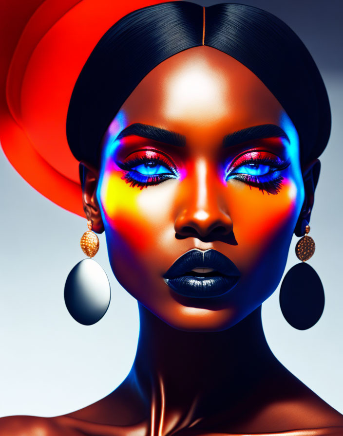 Colorful portrait of woman with bold makeup, large earrings, and elegant hat against gradient backdrop