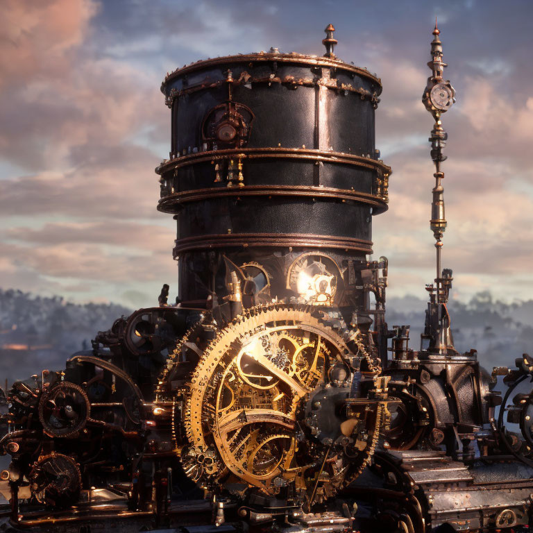 Steampunk-style machine with intricate gears and boiler against dusky sky