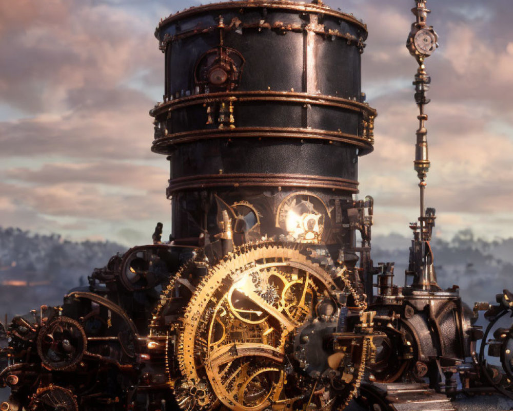 Steampunk-style machine with intricate gears and boiler against dusky sky