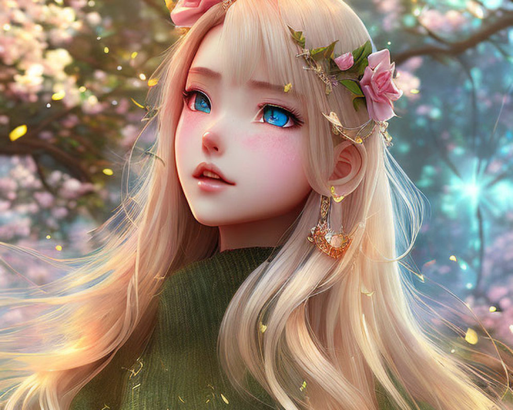 Blonde girl portrait with pink flowers, blue eyes, green sweater