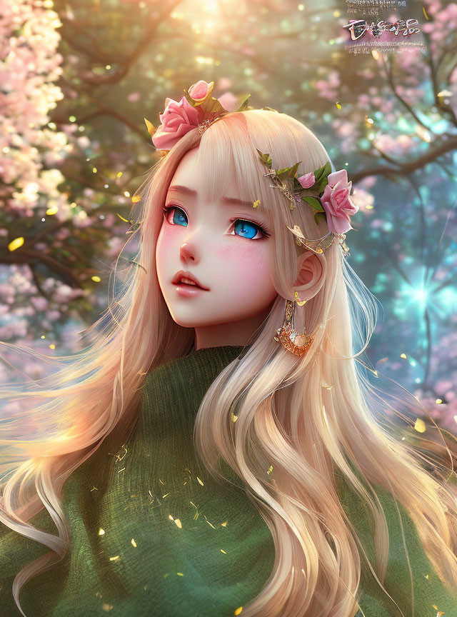 Blonde girl portrait with pink flowers, blue eyes, green sweater