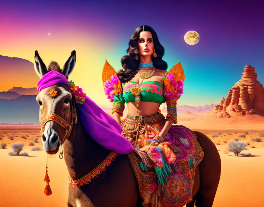 Woman in traditional attire rides donkey in desert with dual moons