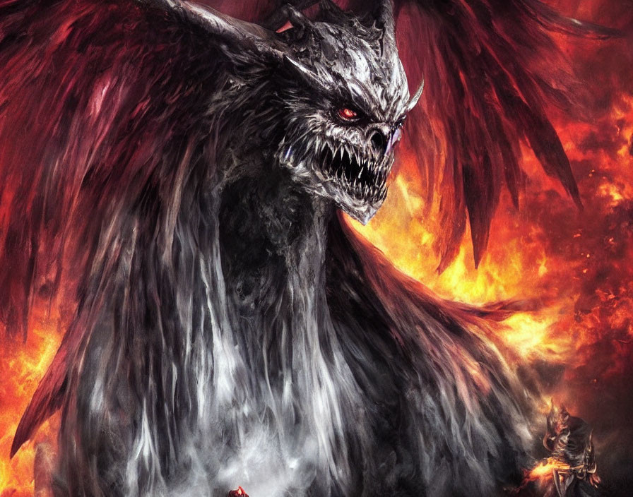 Winged creature with red eyes and flames in the background