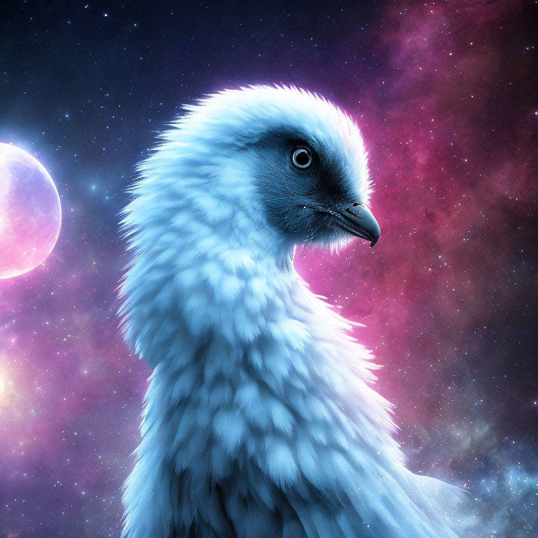 Surreal creature with bird head in cosmic scene