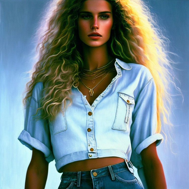 Blonde woman in denim shirt and jeans with curly hair on blue background