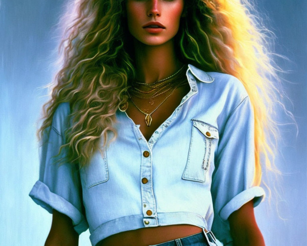 Blonde woman in denim shirt and jeans with curly hair on blue background