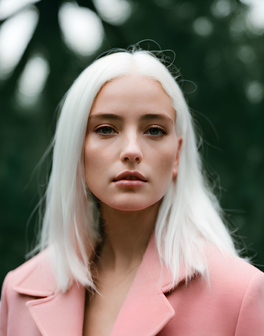 Platinum Blonde Woman in Pink Blazer Amid Green Foliage