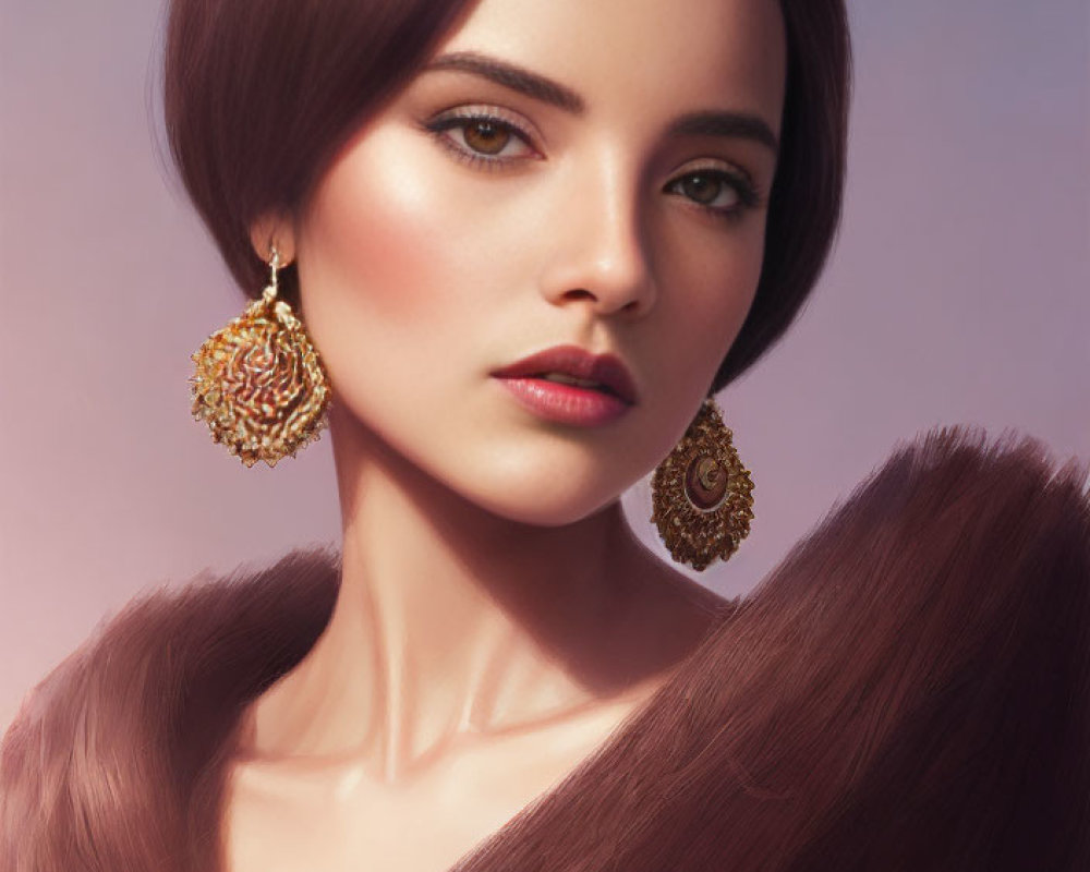 Sleek brown hair woman in gold earrings and fur shawl on violet background