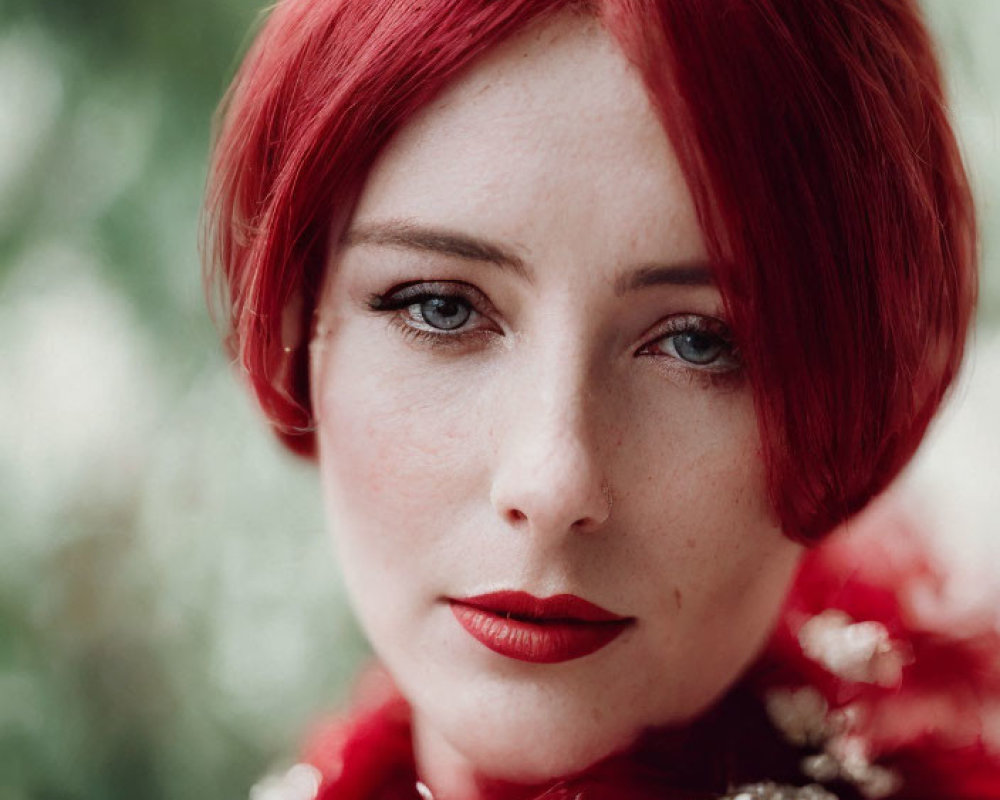 Portrait of Woman with Vibrant Red Hair and Feathered Outfit