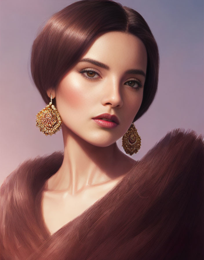 Sleek brown hair woman in gold earrings and fur shawl on violet background