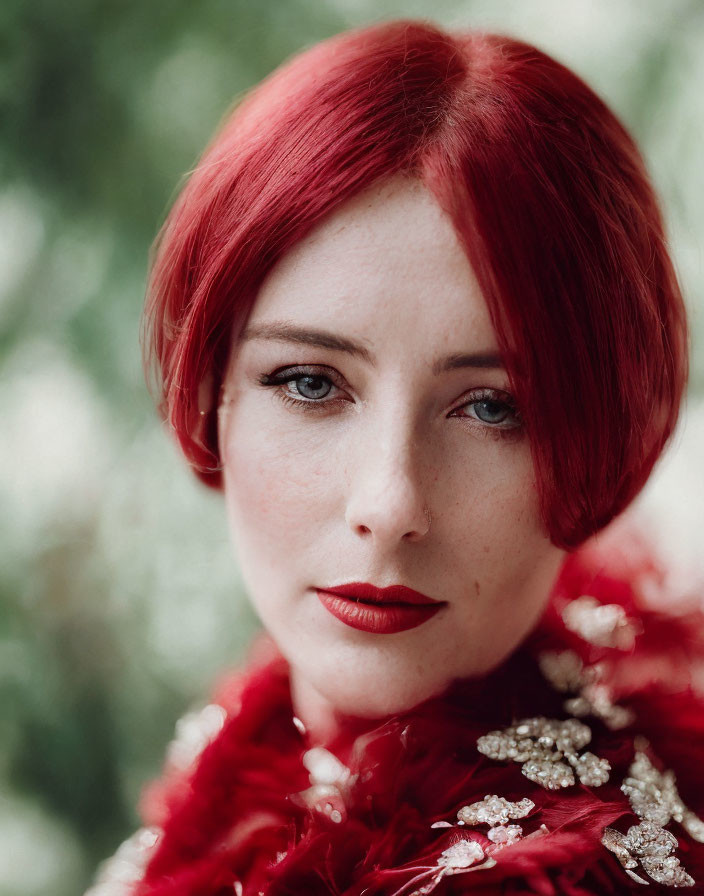 Portrait of Woman with Vibrant Red Hair and Feathered Outfit