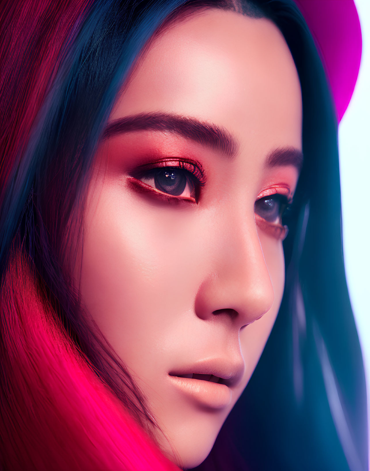 Close-up of woman with red eyeshadow, eyeliner, flawless skin under pink & blue light