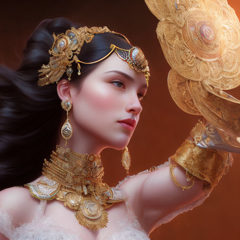 Digital Artwork: Woman adorned with ornate gold jewelry on warm background