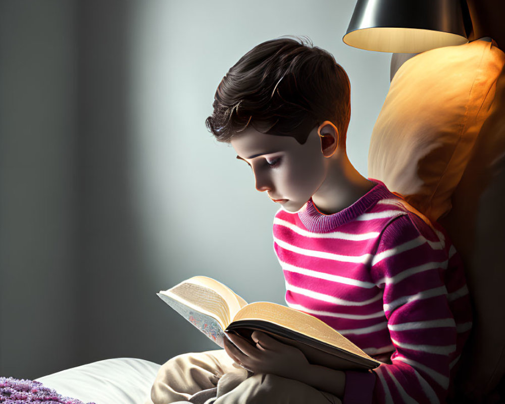 Child Reading Book by Bedside Lamp on Purple Bed