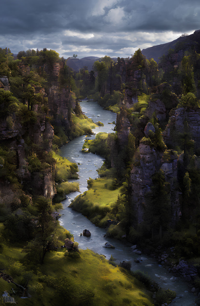 Serene river in lush canyon with steep cliffs and dense foliage