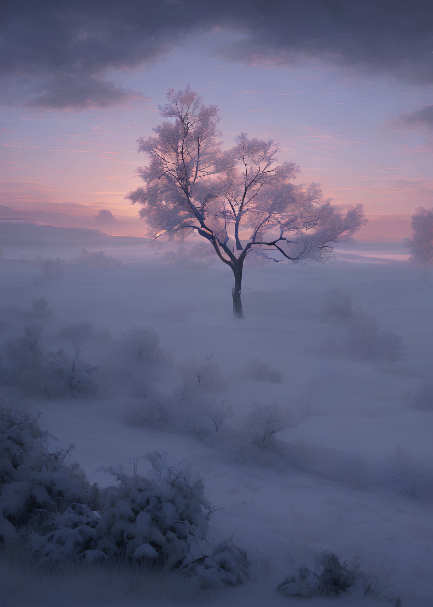 Snow-covered landscape with solitary tree in pastel twilight and mist.