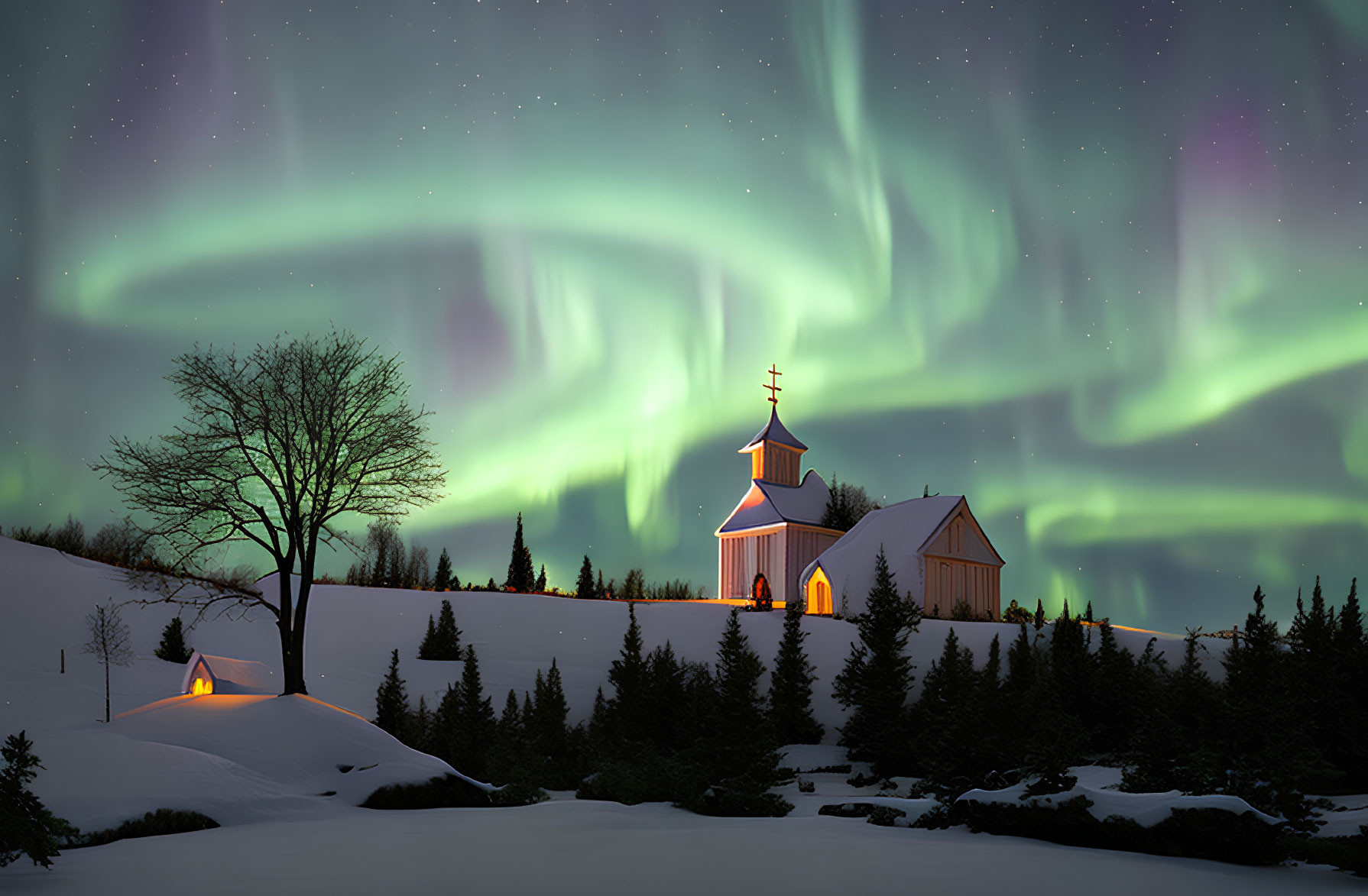 Northern Lights illuminate small church in snowy landscape