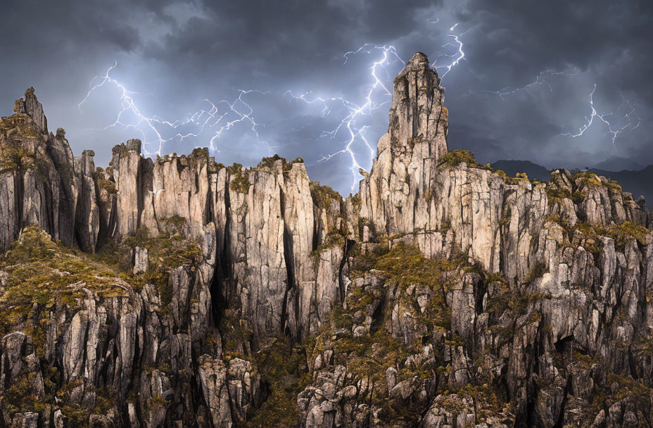 Dramatic lightning strikes over rugged mountain peaks