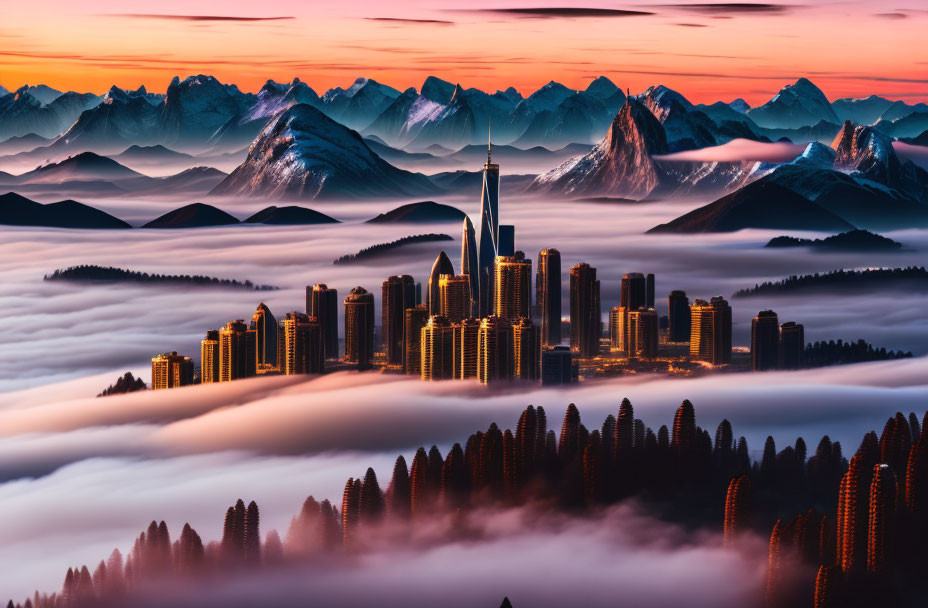 City skyline above clouds at sunset with snow-capped mountains