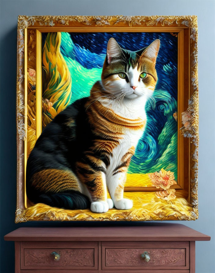 Calico Cat in Gold Frame with Starry Night Background