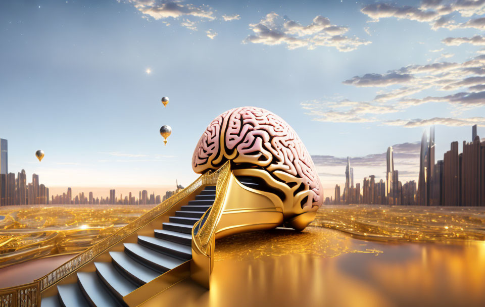 Surreal image of giant brain with golden staircase in futuristic cityscape