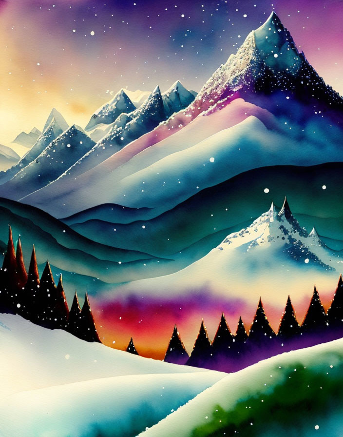 Vibrant snowy mountain scene with starry sky at dusk.