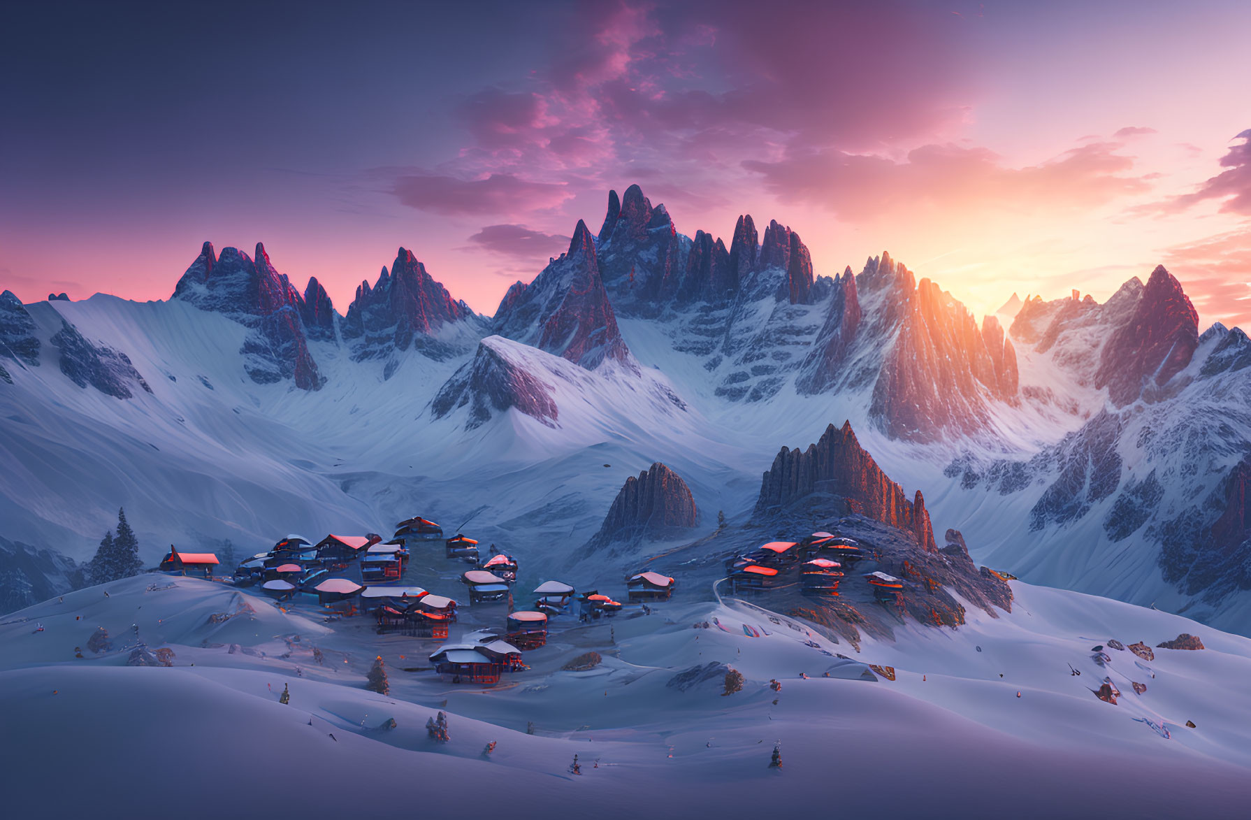 Snow-covered mountain village at twilight with pink and purple sky above jagged peaks