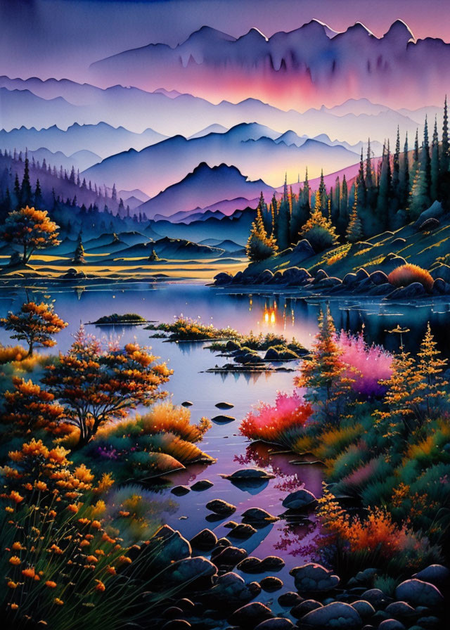 Colorful Landscape Painting: Tranquil River, Sunset, and Mountain Silhouettes