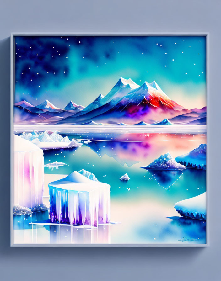 Snowy Landscape Painting with Mountains, Ice Formations, and Reflective Lake