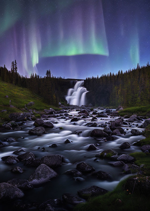 Tranquil night landscape with waterfall, river, forest, and aurora borealis