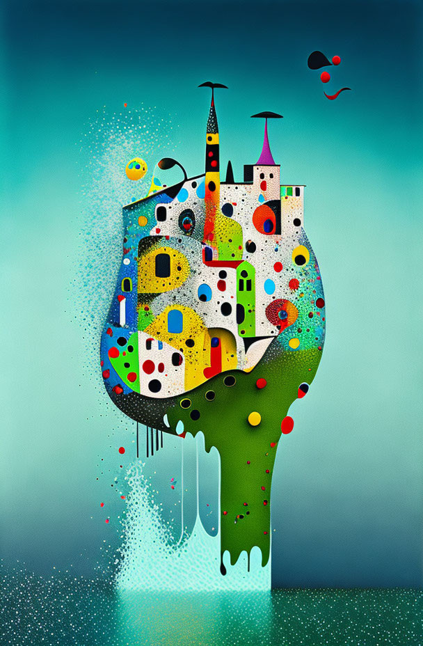 Colorful illustration of whimsical floating city with playful architecture