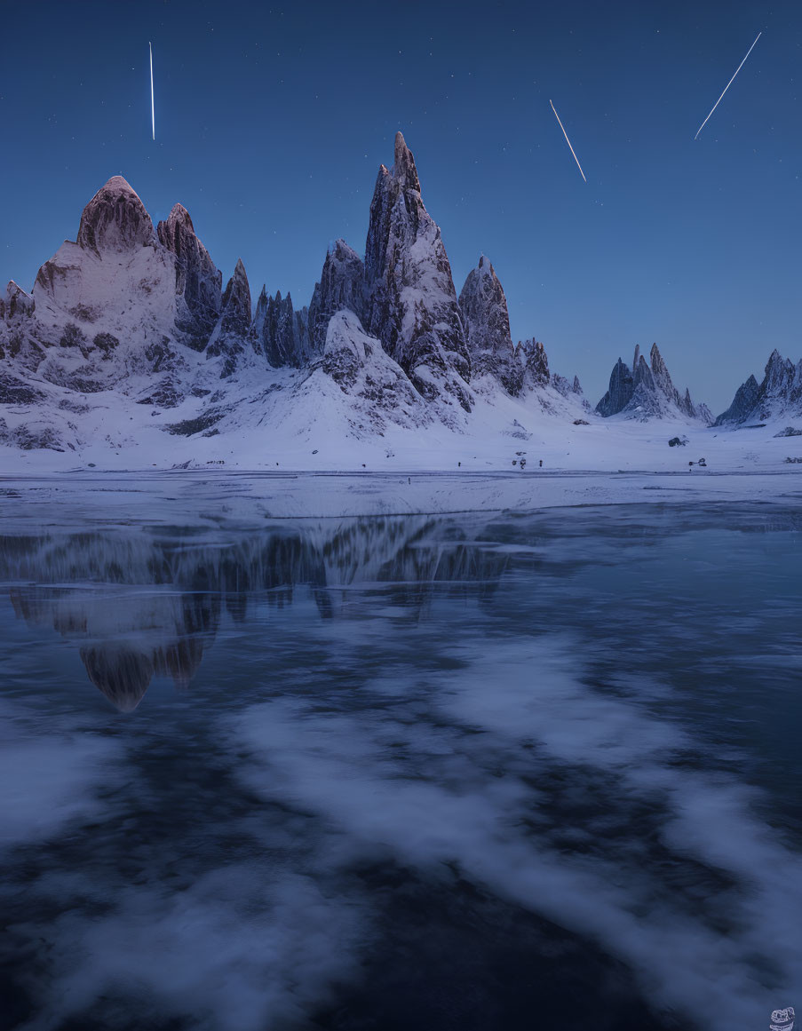 Twilight scene: Snowy peaks, shooting stars, frozen lake reflection