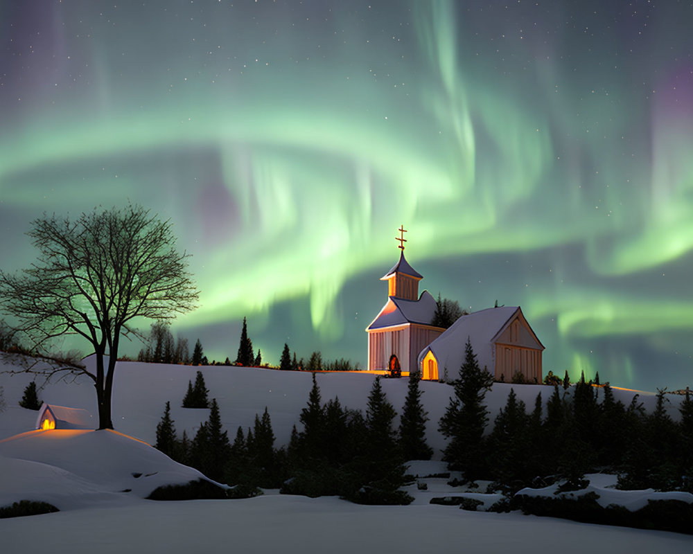 Northern Lights illuminate small church in snowy landscape