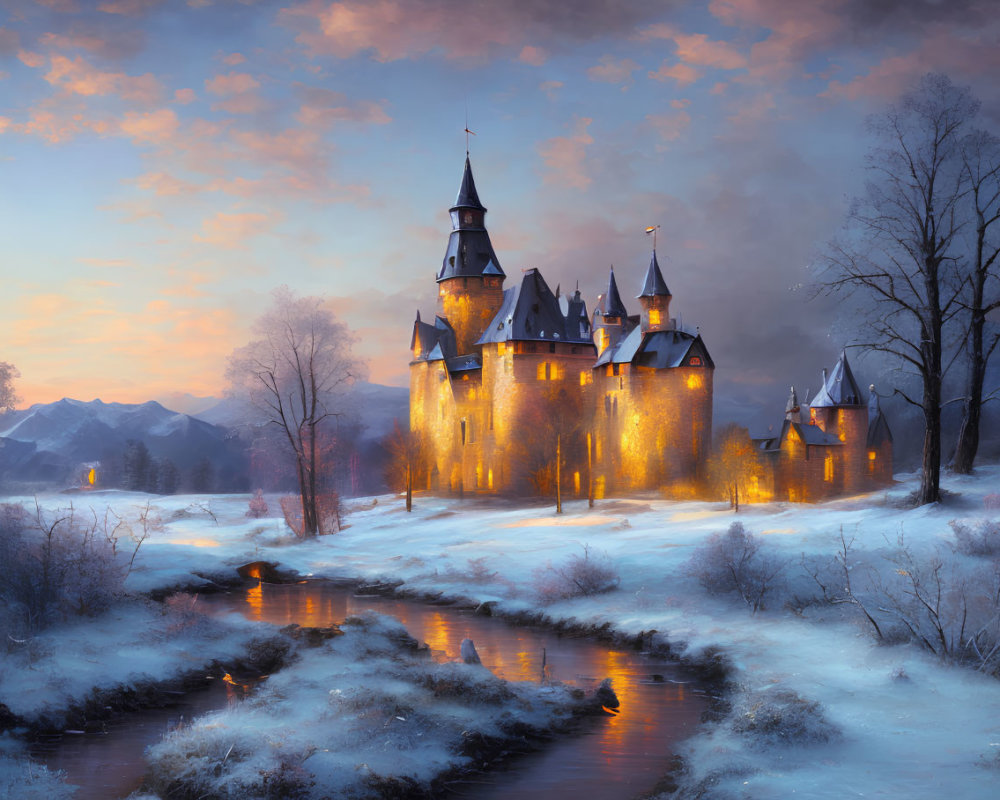 Snowy landscape with illuminated castle, river, mountains, and cloudy sky.