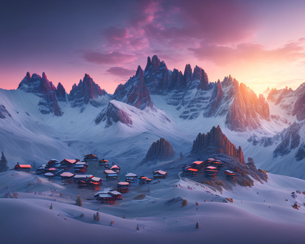 Snow-covered mountain village at twilight with pink and purple sky above jagged peaks