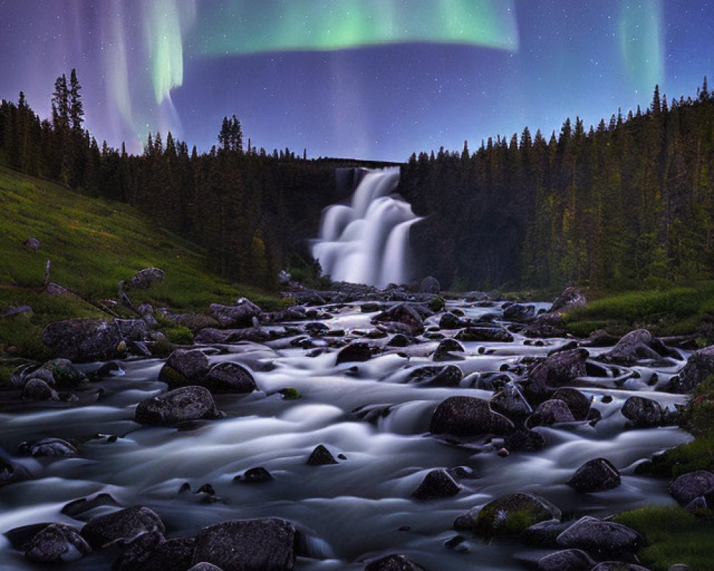 Tranquil night landscape with waterfall, river, forest, and aurora borealis