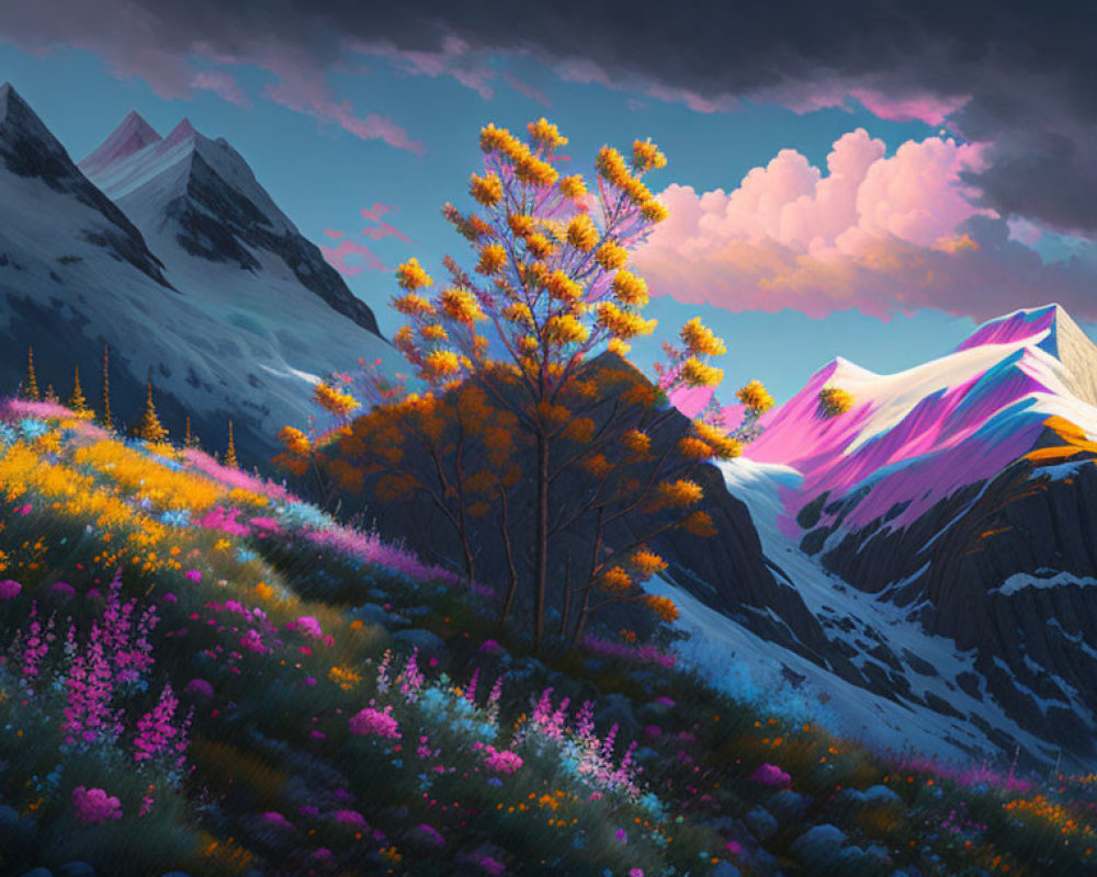 Colorful Flower Field with Lone Tree and Snow-Capped Mountains at Dusk