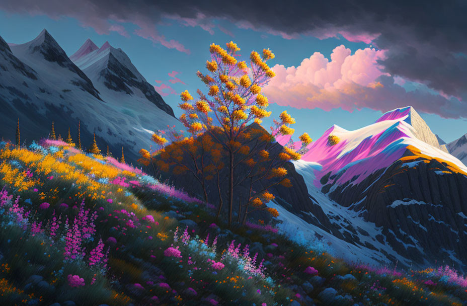 Colorful Flower Field with Lone Tree and Snow-Capped Mountains at Dusk