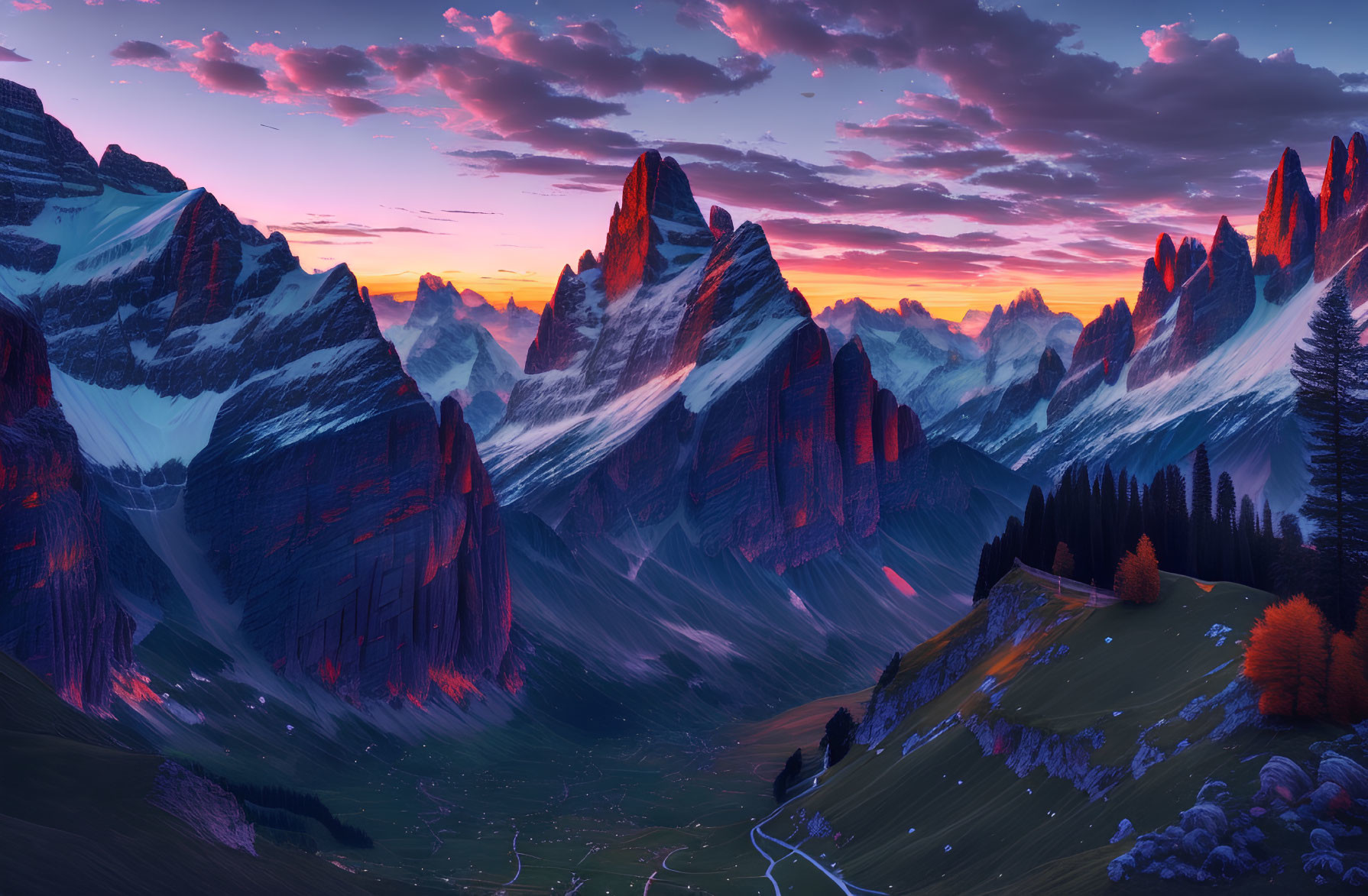 Vibrant sunset over mountain landscape with alpine meadows