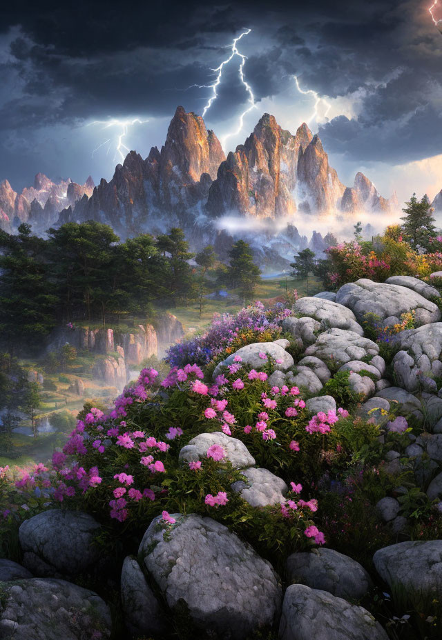 Rocky Terrain with Pink Flowers, Majestic Mountains, and Impending Storm with Lightning