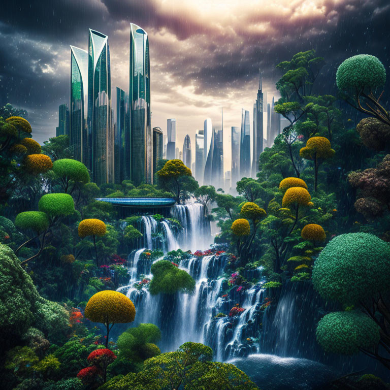 Futuristic cityscape with skyscrapers in lush forest landscape