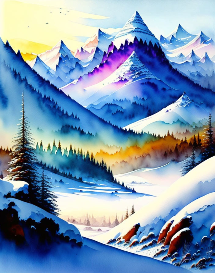 Vibrant Watercolor Painting of Snowy Mountain Landscape