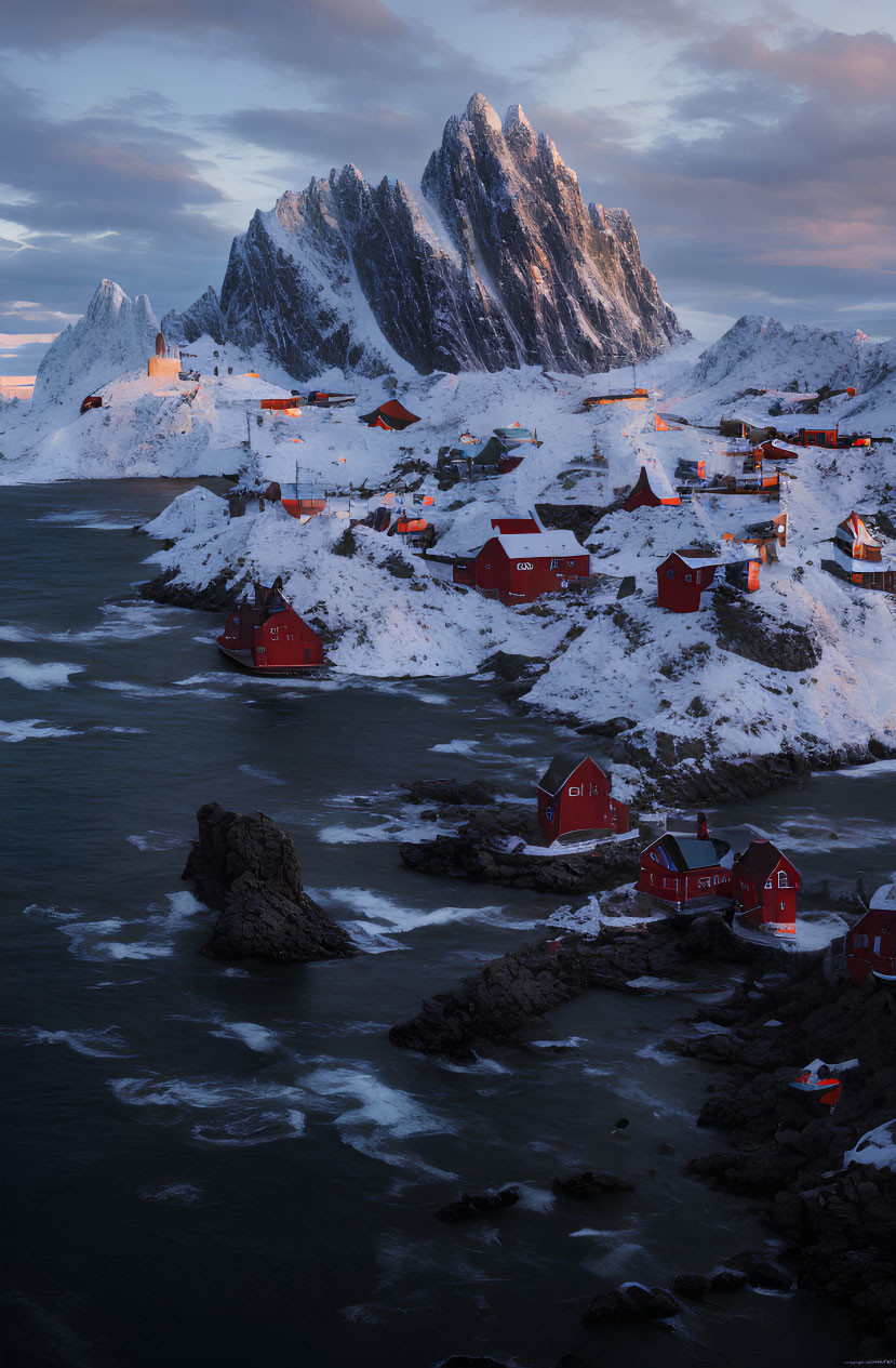 Picturesque Coastal Village with Red Houses and Snowy Mountains at Twilight