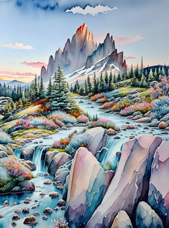 Serene mountain landscape with waterfalls in vibrant watercolor