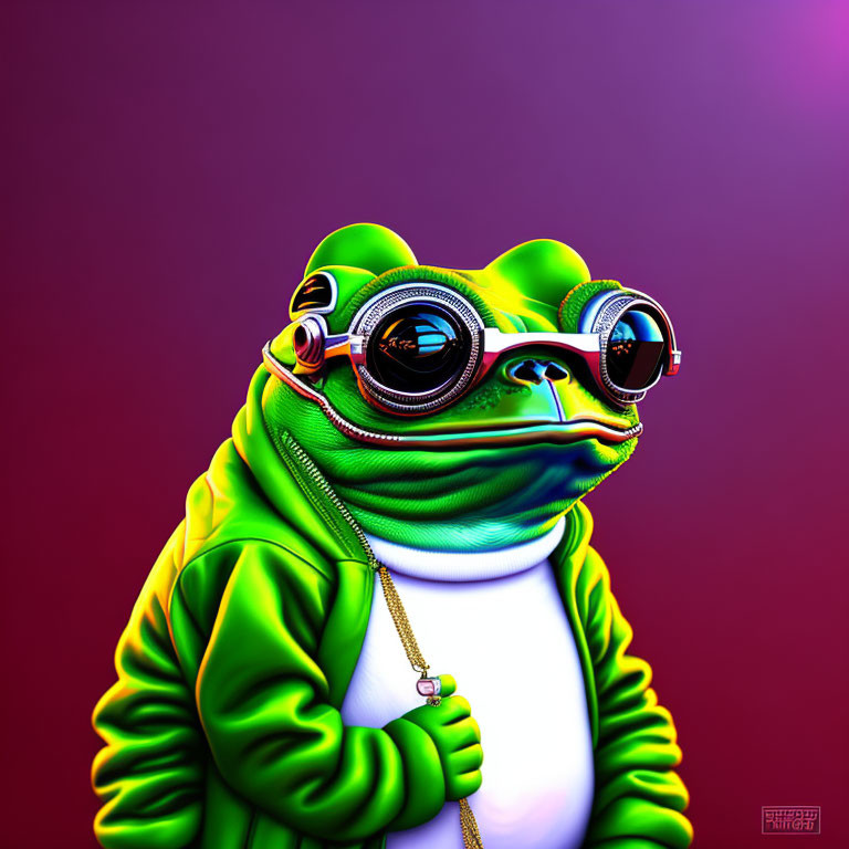 Stylized image of a fashionable frog in green attire on purple background