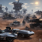 Futuristic military scene with troops, armored vehicles, and hovering ships on desert terrain